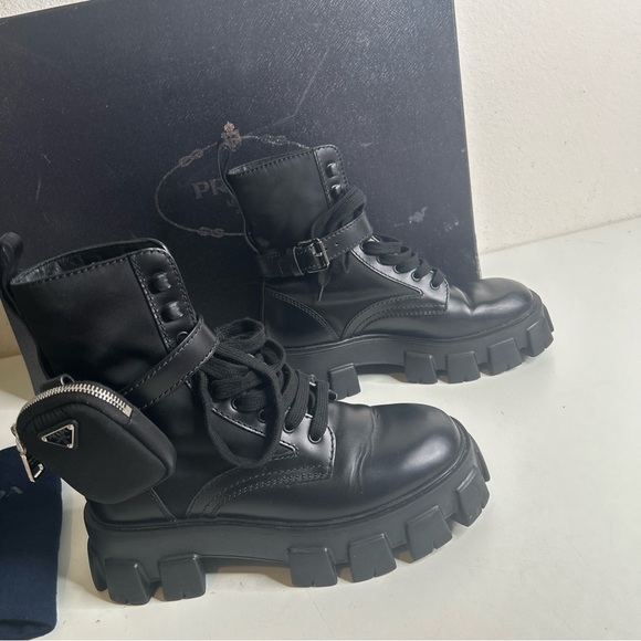 Prada Black Monolith Leather and Re-Nylon Pouch Combat Boots Size 6 - Picture 8 of 16